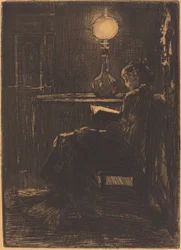 Kvinna som läser med lampljus, 1879.
