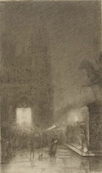 Samling på natten framför en katedral