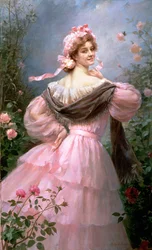 Elegant kvinna i en rosenträdgård