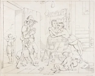 (Rip Van Winkle, illustration) Rip tjatade på sin fru