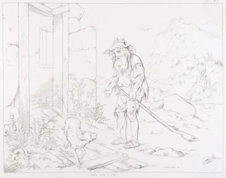 (Rip Van Winkle, illustration) Rip återvänder till sitt hus i ruiner