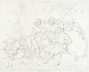 (Rip Van Winkle, illustration) Rip serverar sprit till de konstiga männen i bergen