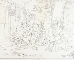 (Rip Van Winkle, illustration) Rip med Junto på värdshuset i byn