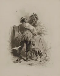 Bonde med häst, hund och duvor