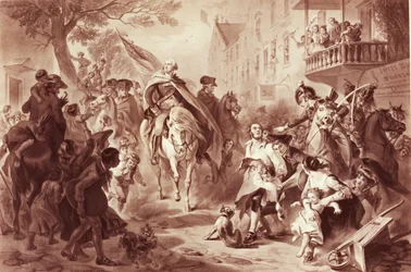 George Washington på väg in i New York 1783, graverad av Alexander Hay Ritchie (1822-1895) (mezzotint)