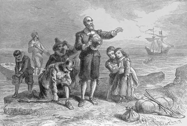 Landing of the Pilgrims, 1620, graverad av A. Bollett, från 