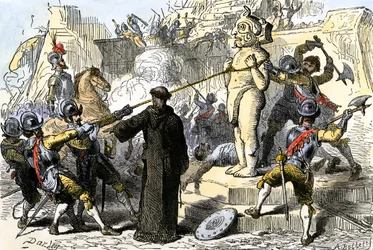 Spanska präster förstör de aztekiska avgudabilderna i Mexiko. 1800-talet (kolorerad gravyr)
