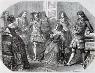 Gripande av Nicolas Fouquet, finansintendent, gravyr av Henri Felix Emmanuel Philippoteaux (1815-1884) från Vicomte av Bragelonne, av Alexandre Dumas (1802-1870)