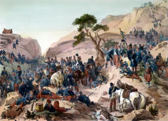 Episod från erövringen av Algeriet 1840 - Slaget vid Mouzaia-passet (1840) - Hertigen av Orléans för befäl i den franska armén - gravyr av Philippoteaux - Den franska armén vinner slaget om Teniah vid Mouzaia om bergspasset vid Mouzaia den 1