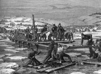 Pontonjärer från napoleonska armén korsar Berezina