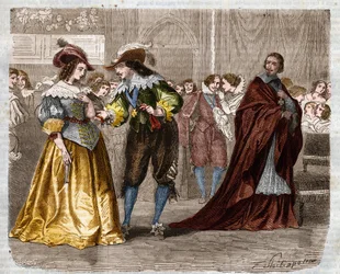 Romersk följetong: "De tre musketörerna" av Alexandre Dumas (1802-1870). Kung Ludvig XIII (1601-1643) överlämnade de två diamantillrarna till sin hustru, drottning Anne av Österrike (1601-1666), under kardinal Richelieus blick (1585-1642). Illustration av 