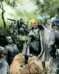 Första världskriget: "" Porträtt av kejsar Vilhelm II (1859-1941) på besök på en artilleripost"" Tryck av Felix Schwormstadt (1870-?) 1915 Privat samling