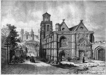 Kyrkan Saint Sulpice (Saint Sulpice) av Pierrefonds i departementet Oise i Picardie-regionen - Gravyr från 1868 efter en teckning av Felix de Thorigny