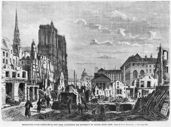 Paris, rivning av en del av Cite för att bygga ut det nya Hotel-Dieu, graverat av Charles Barbant (d.1922)