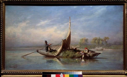 Familj i en båt (transport av foder i en segelbåt) - Familj i en båt - Målning av Fjodor Vasilyev (Feodor Alexandrovich, Fiodor Alexandrovitch Vasiliev (1850-1873), olja på duk