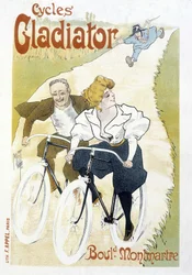 Cykelpar jagade av en konstabel - Reklam för Gladiatorcykler, av Misti, v.1895