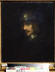 ""Porträtt av en man med hjälm"" (Porträtt av en man med hjälm) Målning av Ferdinand Bol (1616-1680) Statens konstmuseum från 1600-talet, Tula, Ryssland