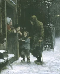 Gammal kvinna och ung pojke som tigger