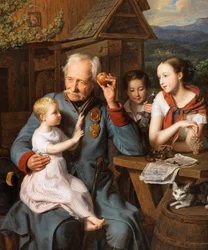 En gammal invalid med barn - En gammal invalid med barn, av Waldmueller, Ferdinand Georg (1793-1865). olja på trä