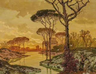 Kvällslandskap vid floden med en antik villa. 1901