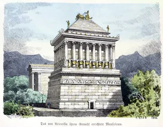 Mausoleet i Halikarnassos, ur en serie om ”Antikens sju underverk”, publicerad i ”Münchner Bilderbogen”. 1886