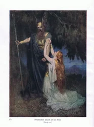 Brunhilde knäböjde vid hans fötter, illustration från The Stories of Wagners Operas pub. av George Harrap & Co Ltd 1932