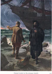 Daland tittade skarpt på främlingen, illustration från The Stories of Wagners Operas pub. av George Harrap & Co Ltd 1932