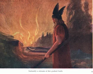 Omedelbart forsade en ström av eld fram, illustration från The Stories of Wagners Operas pub. av George Harrap & Co Ltd 1932