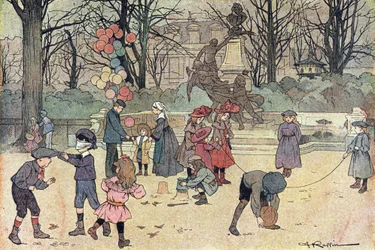 Spel med colin-aillard, hopprep, ballong och sand i den offentliga trädgården, i Imagier de l