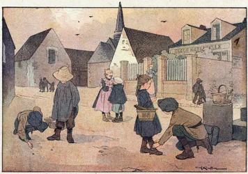 Utanför skolan, i barndomens bilderbok, ca 1900 (gravyr)