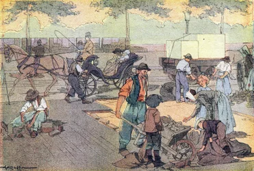 Träbeläggning, i barndomens bilderbok, ca 1900 (gravyr)