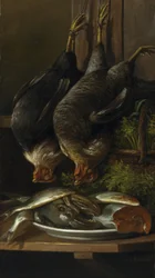 Stilleben med kycklingar och fiskar