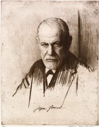 Porträtt av Sigmund Freud (1856-1939). Verk av Ferdinand Schmutzer (1870-1928), gravyr