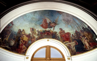 Alexander den store (356-323 f.Kr.) gör Homeres verk inlåsta i en guldkassett. Kupol av Senatbiblioteket i Palais du Luxembourg, Paris. Målning av Eugene Delacroix (1798-1863)