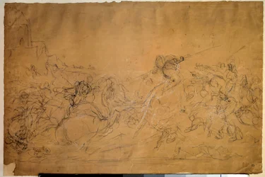 Stridsscen teckning på laxpapper av Eugene Delacroix (1798-1863) 1800-talets sön. 0,30 X 0,45 m. Paris, Louvren