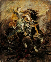 Clorinde ingriper för att rädda Olinde och Sophronia Illustration av en scen av Torquato Tassos "La Jerusalem delivree" (La gerusalemme liberata). Målning av Eugene Delacroix (1798-1863) 1800-talet sön. 0,61x0,5 m