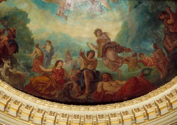 Nedstigning till Limbes: "" Orphee, Sapho (Sappho) till vänster och en musa"" Detalj av målningen av Eugene Delacroix (1798-1863) som dekorerar kupolen på senatens bibliotheque, ca 1845. Palais du Luxembourg, Paris