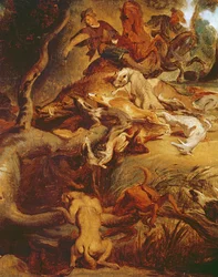Detalj av Vildsvinsjakten, efter en målning av Rubens, ca 1840-50 (se 203232)