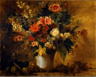 Blommor och frukter Bukett av blommor i en vas av grees. Målning av Eugene Delacroix (1798-1863) 1843 ca. Sol. 74x93 cm Vienna Kunsthistorisches Museum, Neue Gallery