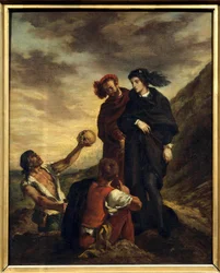 Hamlet och Horatio på kyrkogården Illustration till akt V av William Shakespeares verk "Hamlet" (1564-1616). Målning (Vanite) av Eugene Delacroix (1798-1863) 1839 Dim. 0,81 x 0,65 m Paris. Louvren