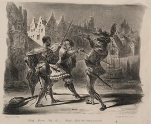 Illustrationer för Faust: Duell of Faust and of Valentin, 1828.