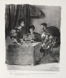 Illustrationer för Faust: Méphistophelés är i Marthe, 1828.
