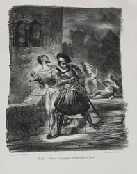 Illustrationer för Faust: Mephistopheles och Faust flyr efter duellen, 1828.