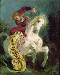 Jaguar attackerar en ryttare, ca 1855