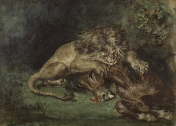 Lion dévorant un cheval (Lejon som slukar en häst), ca. 1844 (akvarell, kroppsfärg och gummi arabiska med grafit på papper, monterad på tavla)