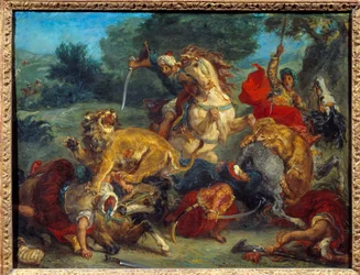 Lejonjakt. Målning av Eugene Delacroix (1798-1863)