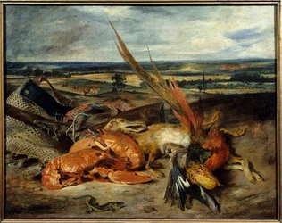 Målning av stilleben med hummer och troféer för jakt och fiske Målning av Eugene Delacroix (1798-1863) 1827 Sön. 0,80 x 1,06 m Paris. Louvren
