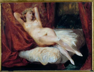 Studie av naken kvinna liggande på en soffa, kallad Kvinnan med vita strumpor. Målning av Eugène Delacroix (1798-1863)