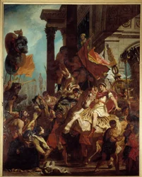 Trajanus rättvisa En änka vars son dödades söker rättvisa från kejsar Trajanus (Marcus Ulpius Trajanus, 53-117) på väg i krig. Illustration av skärselden i "" La Divina Commedia"" (Divine Comeide) av Dante Alighieri (1265-1321) Målning av Eug
