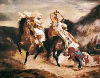 Kampen mellan Giaour och Pasha. Inspirera från Lord Byrons dikt "" Le Giaour ". Orientalism målning av Eugene Delacroix (1798-1863)